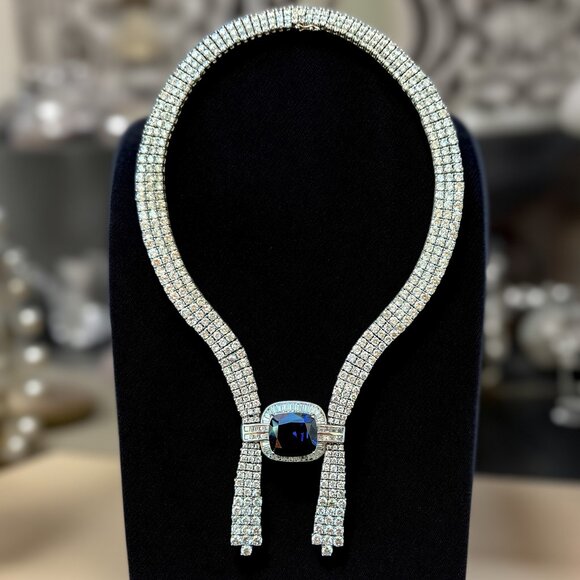 Vintage French Royal Blue Sapphire Necklace: Silver CZ 1990s Glamour